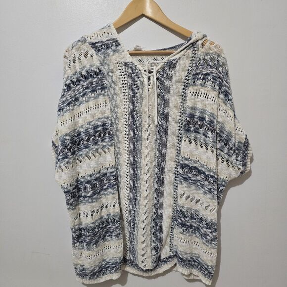 LOFT Outlet Lounge - Sweater Knit Distressed  Pullover - Blue White - Size L - Picture 2 of 7
